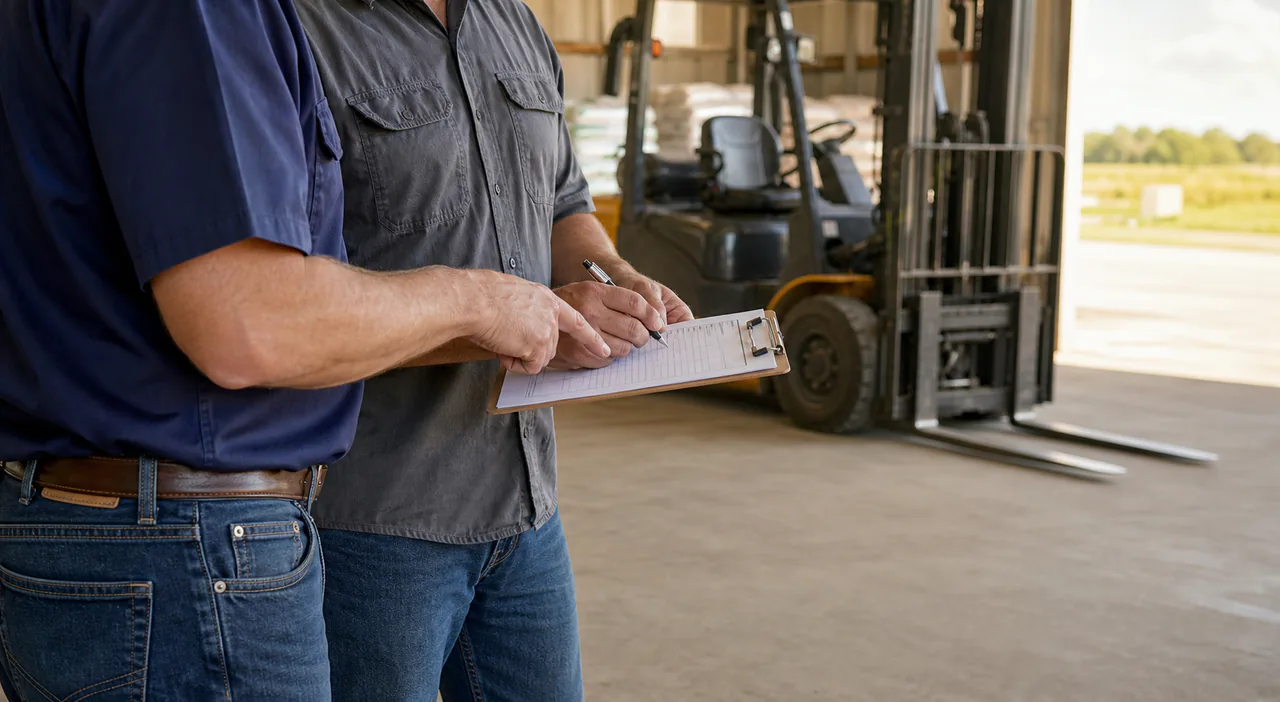 Two equipment professionals reviewing a forklift checklist at a Wisconsin worksite