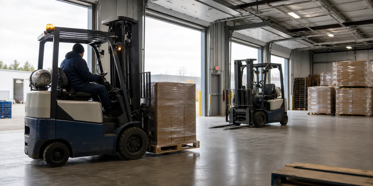 Two forklifts supporting warehouse capacity at a Wisconsin loading facility