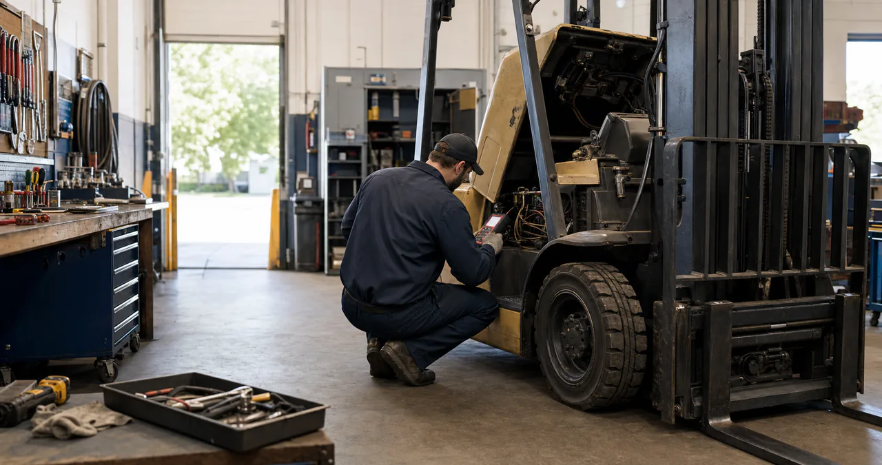 Technician diagnosing a forklift in an organized Wisconsin service shop