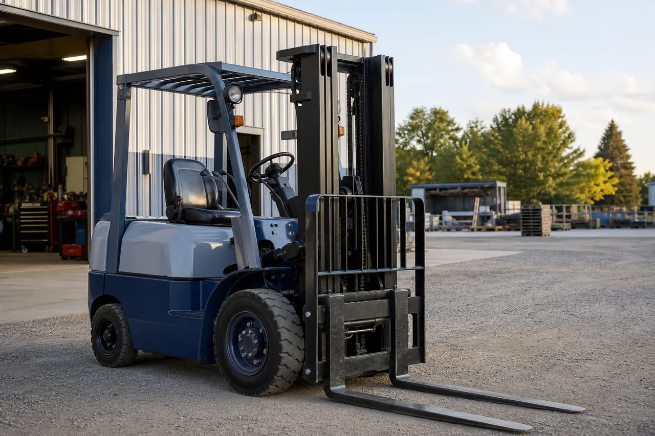 Well-kept forklift ready for sale outside an independent Wisconsin equipment shop