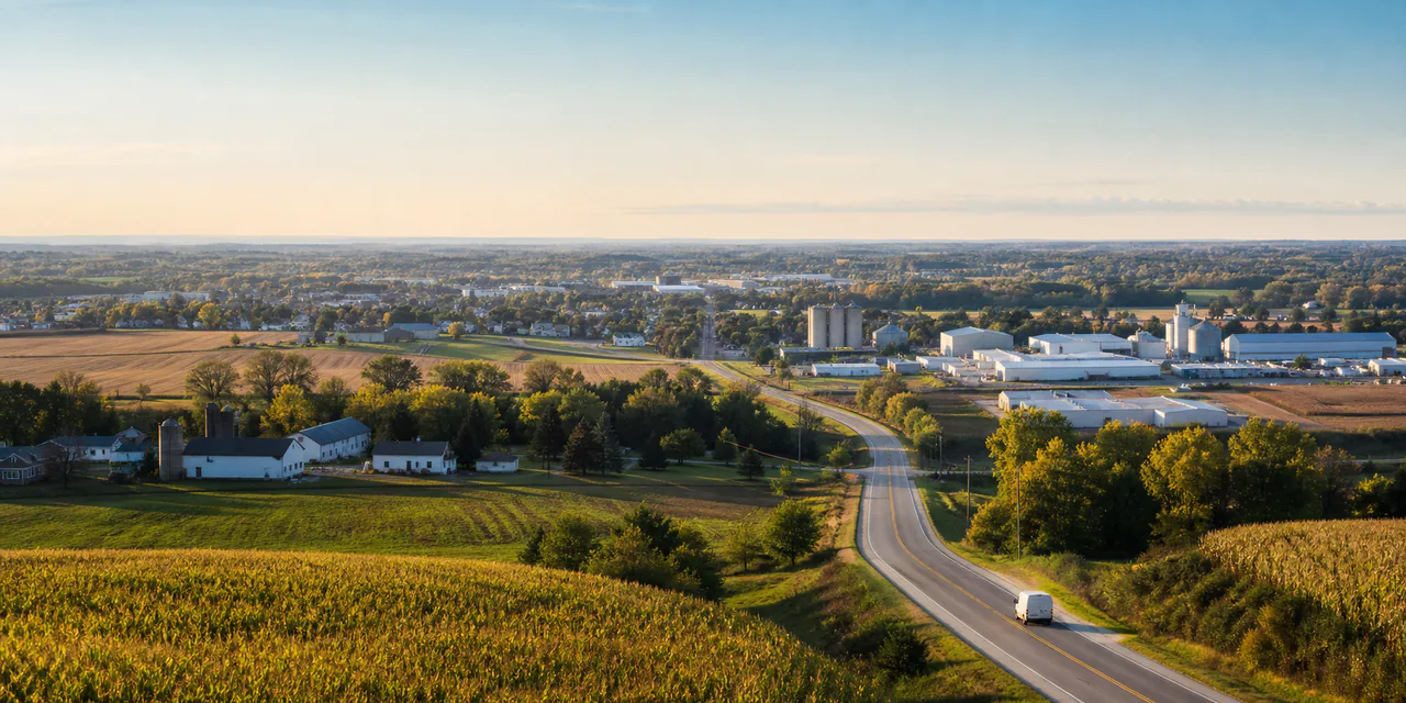 Farms, a small town, and light industry across the southeastern Wisconsin landscape